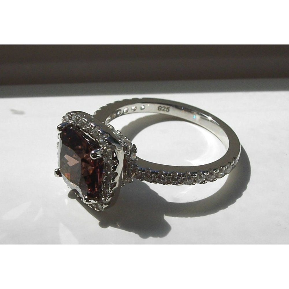 925 STERLING SILVER Cushion Cut Chocolate CZ Halo Ring - Picture 9 of 16